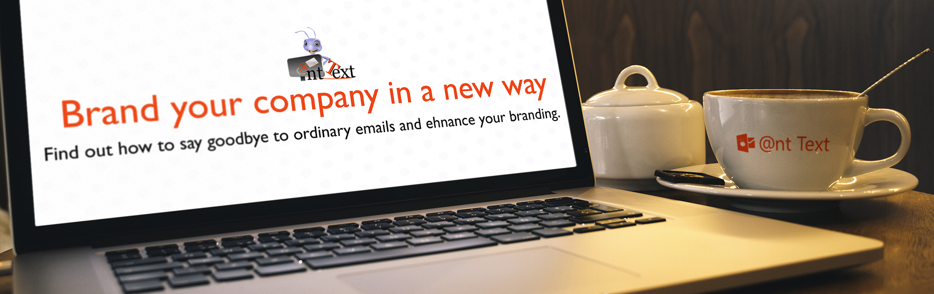 Header with desk computer and coffee cup - Text Brand your company in a new way